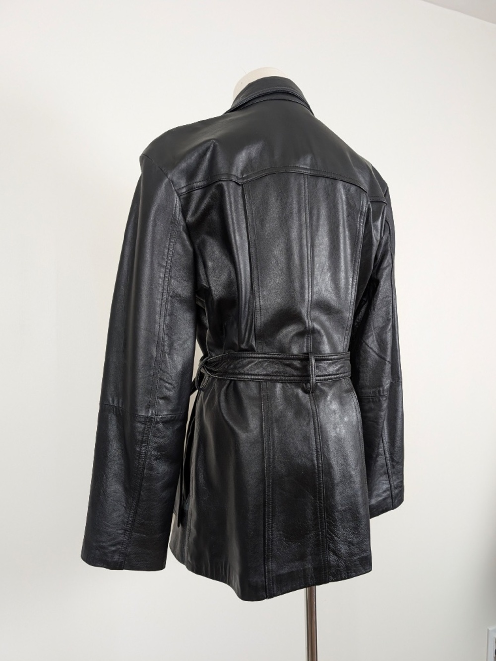 Vintage Leather Jacket Belted Size Medium Black Biker - Picture 10 of 14